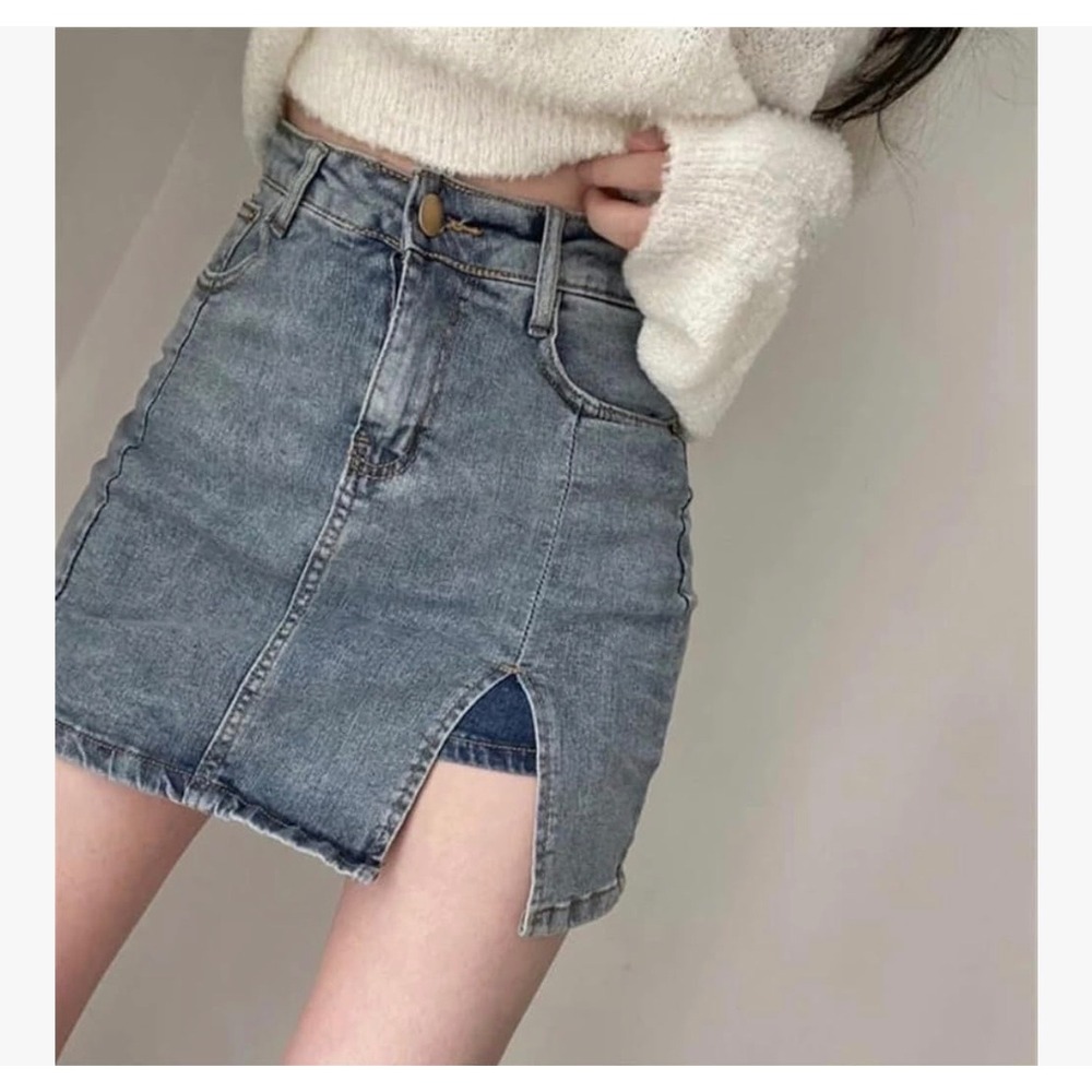 Y2K Womens High Waisted Denim Skort Medium Wash Front Slit Mini Skirt XL‎
